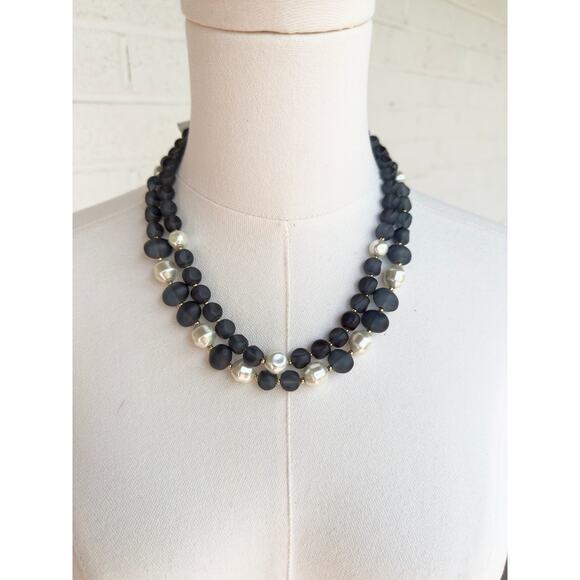 Talbots Navy Bead Faux Pearl Double Strand Statement Necklace Elegant Jewelry - Picture 2 of 8